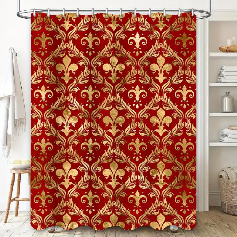 Luxury Golden Floral Shower Curtain with Fleur De Lis Design for Bathroom Decoration Red and Gold Pattern Print Waterproof Fabri