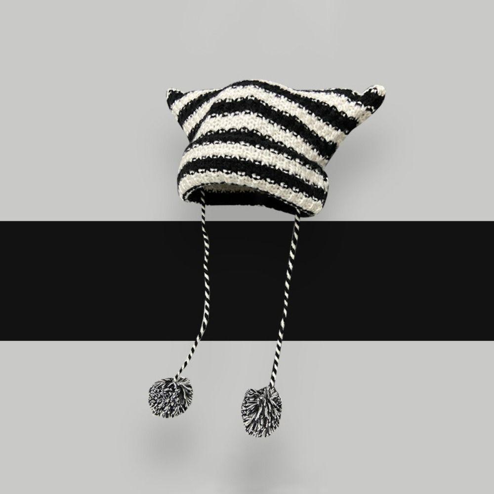Cute Knitting Striped Devil Ear Casual Cap Japanese Beanie Hat Bonnet Hats Knitted Wool Caps
