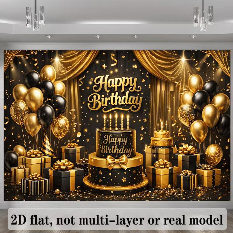 

2D Black Gold Happy Birthday Backdrop Cake Balloon Party Photography Banner 47.2x31.5inch/120*80cm