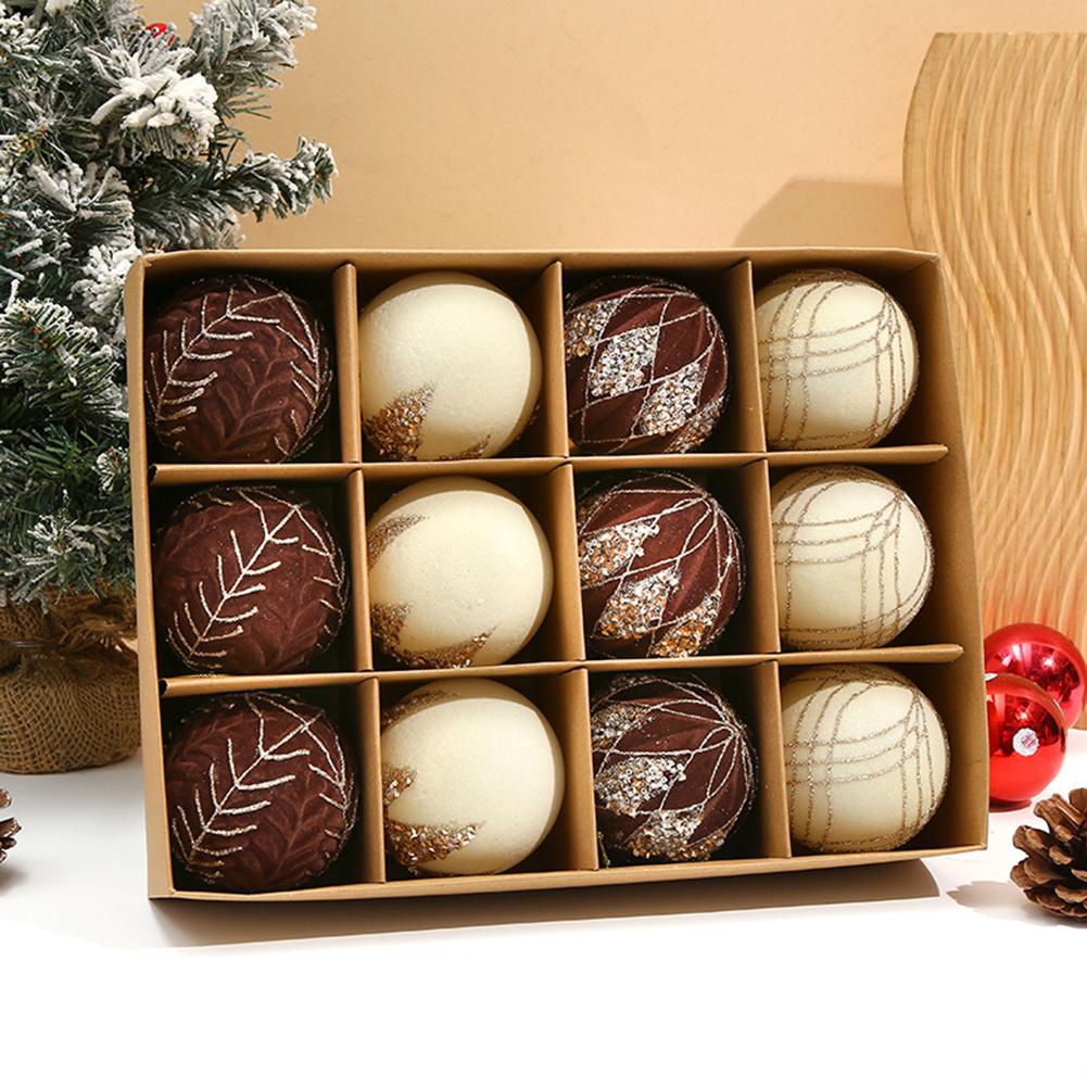 Holiday Tree Decorations Flocked Balls Decor Christmas Celebrations Brown white Complete Set Of Ornaments Easy To Hang Ornaments
