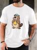 Cute Cartoon Beaver With Cap Print Unisexs Crew Neck Short Sleeve Tee Soft Casual Summer Top For Unisex Daily Street Basic Outfit Wear