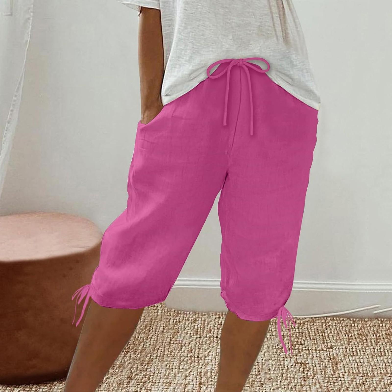 

Брюки-капри для женщин, полубрюки с высокой талией, повседневные шорты до колена на шнурке с карманами S горячий розовый