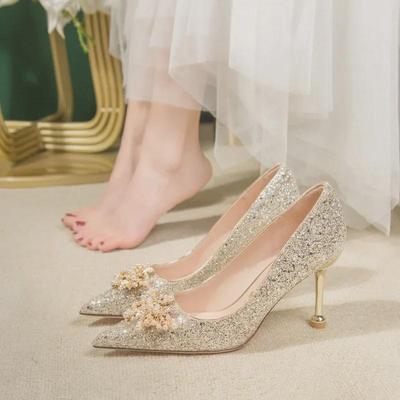 2023 Scarpe da Sposa con Tacco Alto in Cristallo Dorato: Scarpe da Matrimonio e Damigella d'Onore Comode da Indossare in Due Modi