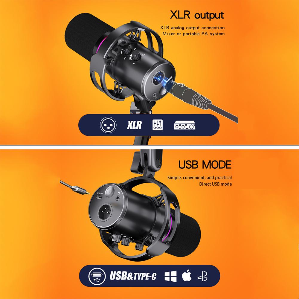WM8 Dynamic USB XLR RGB Microphone for Desktop eSports and Live Streaming with Sound Card
