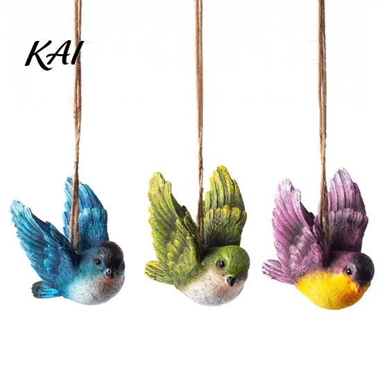 Yard Art Hanging Decorations 3Pcs Resin Bird Ornament, Hand-Painted Figurine with Jute String, Animal Statues for Garden Weatherproof Outdoor