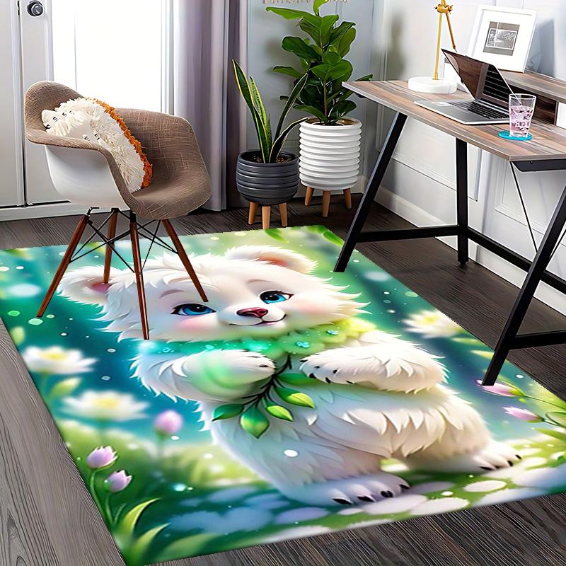 1pc Anime Cute Bear Chair Mat - Office Desk Pad with Green Leaves and Flowers Design, Non-Slip Rug for Home Decor, Suitable for All Seasons, Perfect G