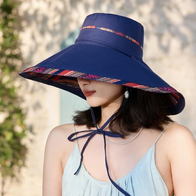 

New ethnic style foldable double-sided bucket hat super large edge sun hat travel vacation UV protection sun hat One size синій