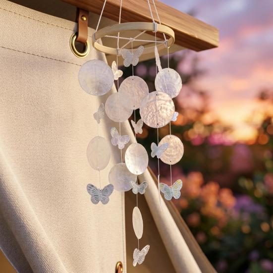 Wind Chime for Outside Ocean Theme Hanging Butterfly Windchime with Round Shells for Patio Garden Decor Gifts for Women Mom Wife