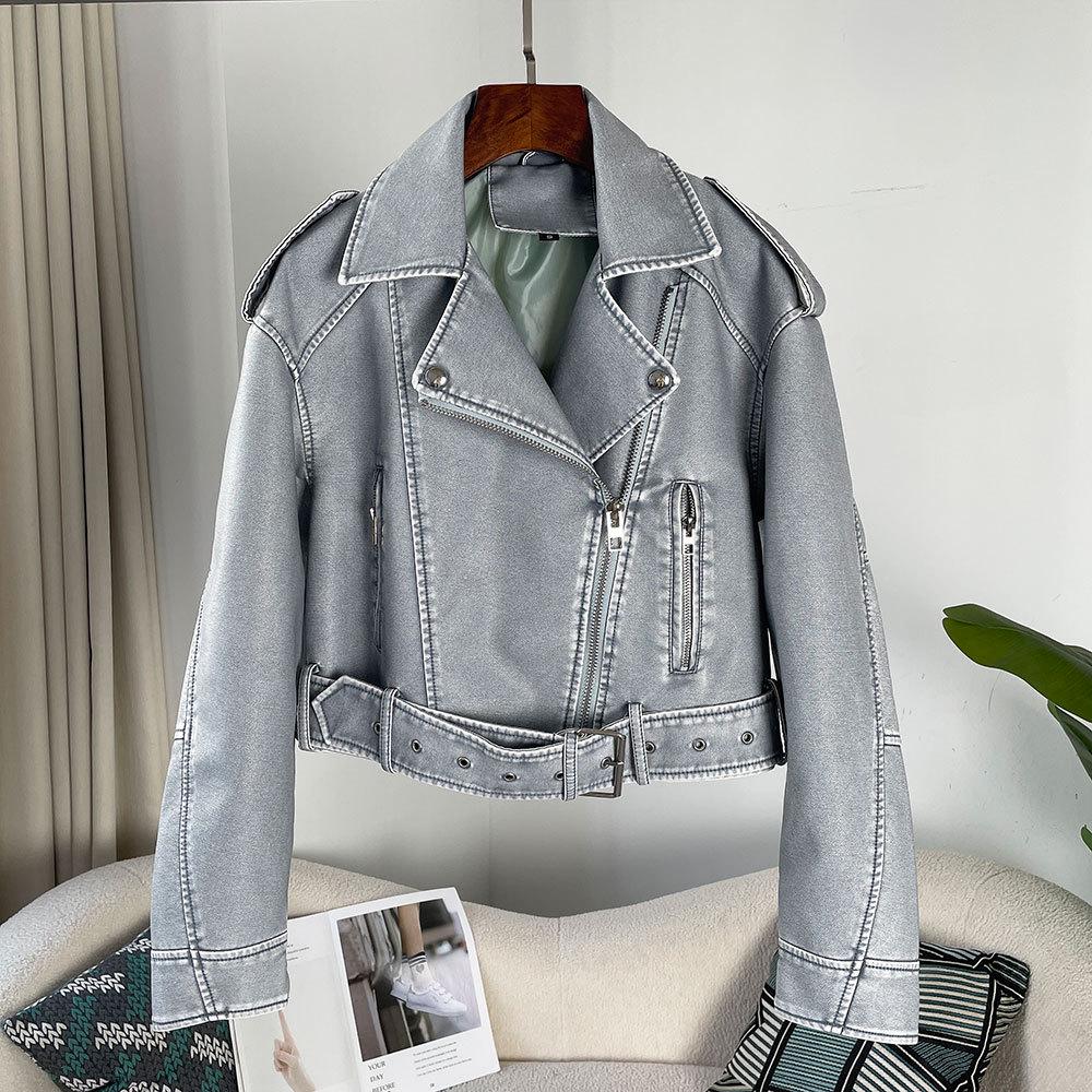 European & American Women's Washed Motorcycle Leather Jacket - 2024 Autumn Fashion