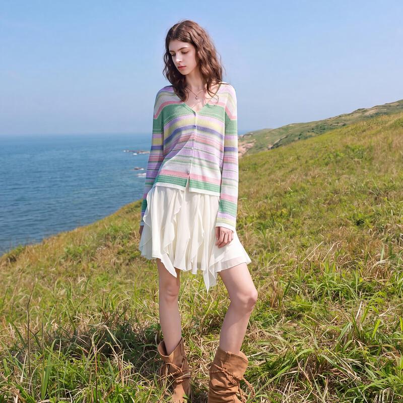 Sancai Striped V-Neck Knit Cardigan