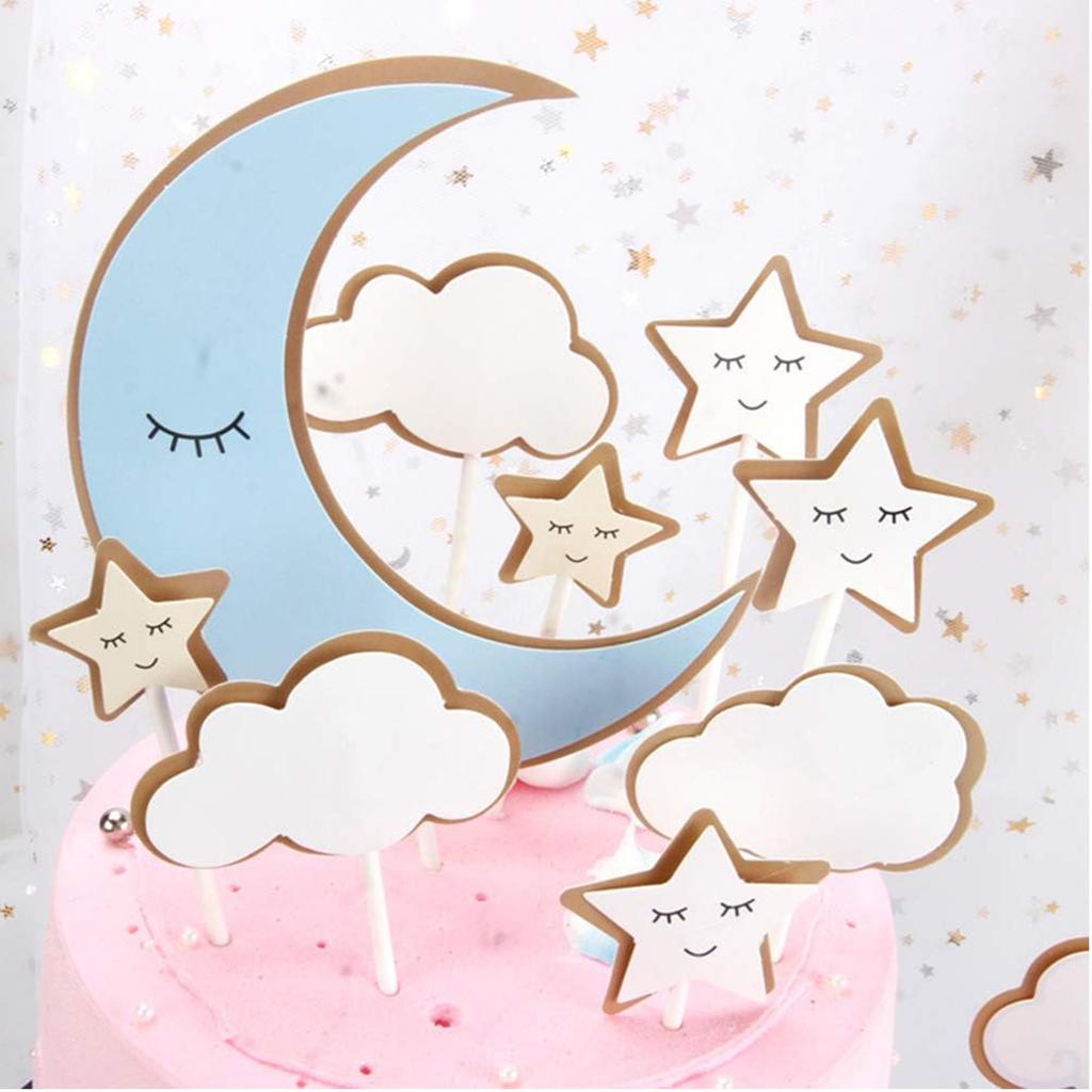 18Pcs Moon Star Cake Toppers Cloud Cupcake Picks Paper Baking Decoration for Baby Shower  Gender Reveal Birthday Wedding Party