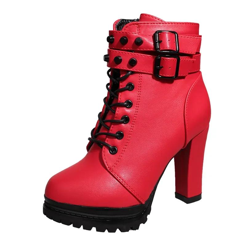 Women Autumn Ankle Boots Sexy Office High Heels Platform Boots Round Toe Leather Booties Black Pumps Ladies Party Shoes New 2024