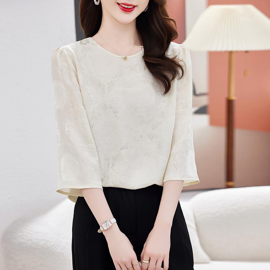 

Женская блузка из шелкового жаккарда, весенняя и новая, с темпераментом, большого размера, свободная, для ношения под низ, универсальный топ из шелка-тусса XXXL грязно-белый