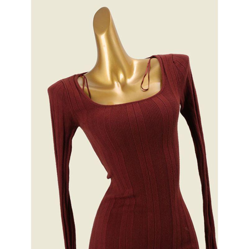 Foreign Trade Original Order Square Collar Slim Fit Long Sleeve Hip Skirt Rib Slimming High Split Sexy Knitted Dress