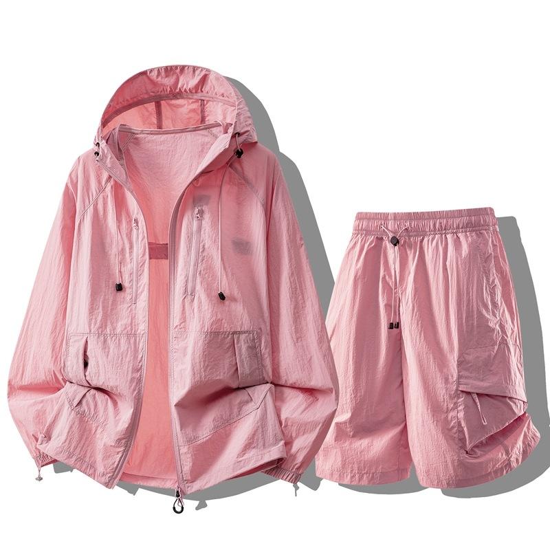 Summer Men Women Sunscreen Twinset Clothing Quick Dry Hooded Top And Shorts Set Hooded Men Women Sun Protection Clothing Suit