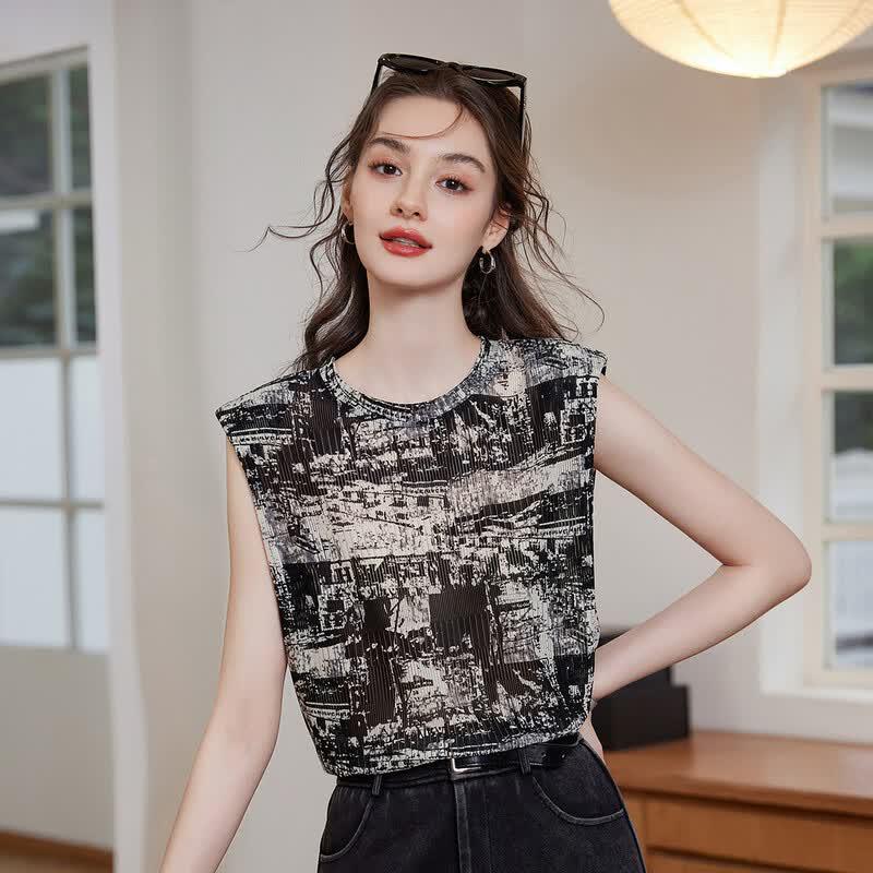 Abstract Print Sleeveless Slit T-Shirt S