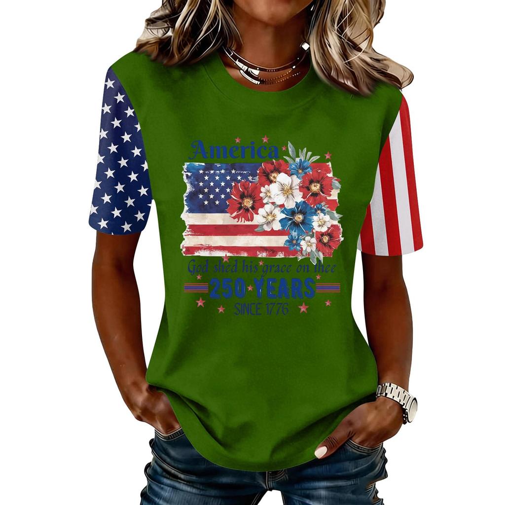 Blusa Feminina da Moda Casual de Manga Curta com Estampa e Gola Redonda