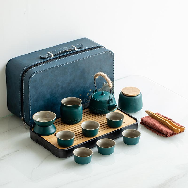 Japanese travel kung fu tea set small set household simple teapot ceramic teacup outdoor tea tray portable bag