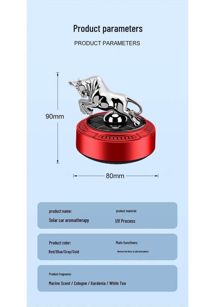 Solar-Powered Wall Street Bull Car Air Freshener: Automatic Rotating Aroma Ornament with Long-Lasting Light Fragrance.