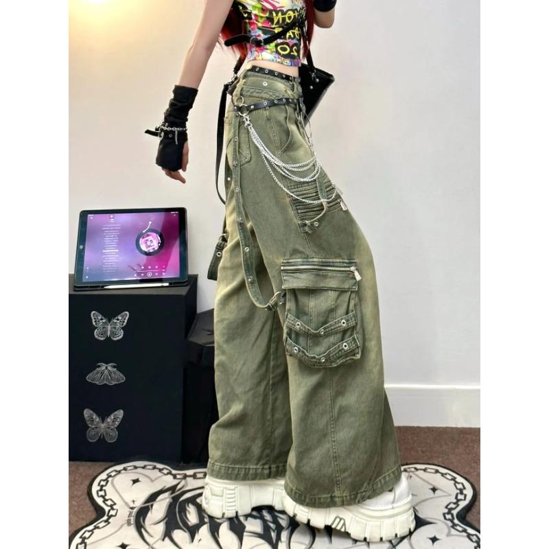 American New Vintage Wash Cargo Jeans Women High Street Design Straight Leg Loose Wide Leg Female Fashion Y2k Drop Long Pants