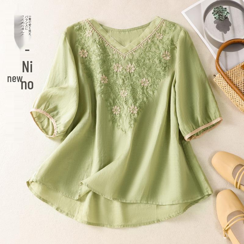 

2025 Women s Summer Cotton Linen Embroidered V-Neck Loose Retro Pullover Shirt Large зелений