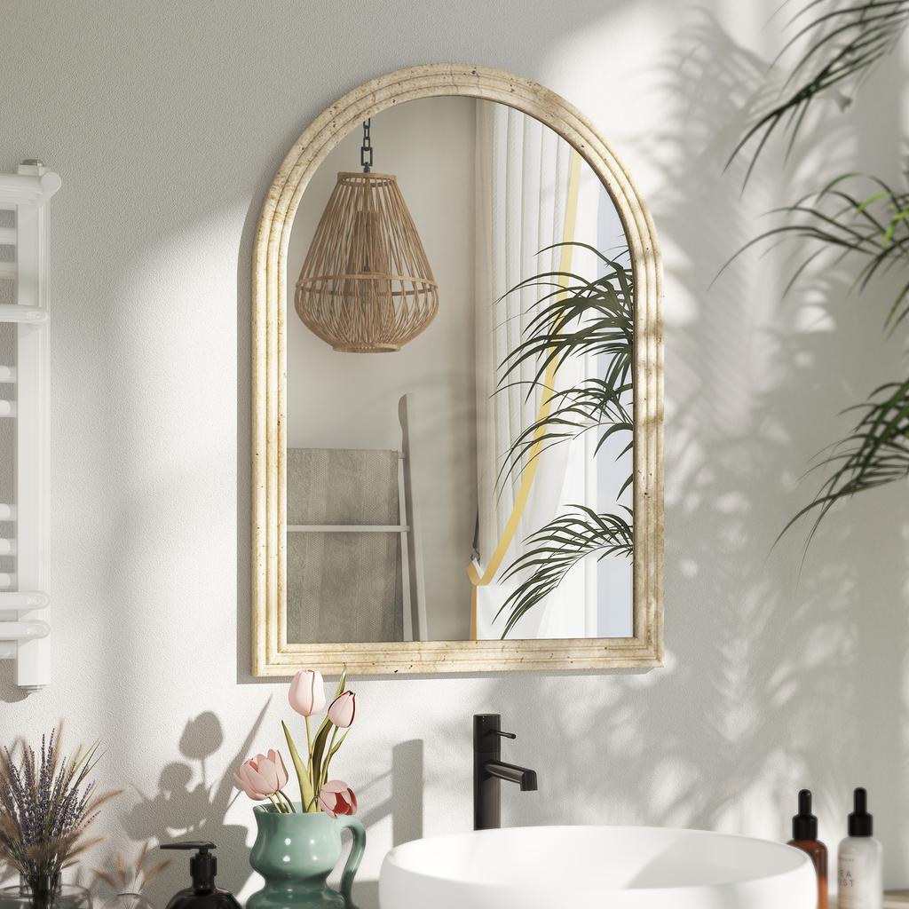 Arched Wall Mirror, Grooved Edge, Hooks, Tempered Glass, Polystyrene, 60 x 90 cm, Beige