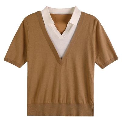 POLO Neck Fake Two-piece Pure Cotton T-shirt for Women's Summer Contrast Pullover Knitted Sweater Cotton Linen V-neck Short-sleeved Top