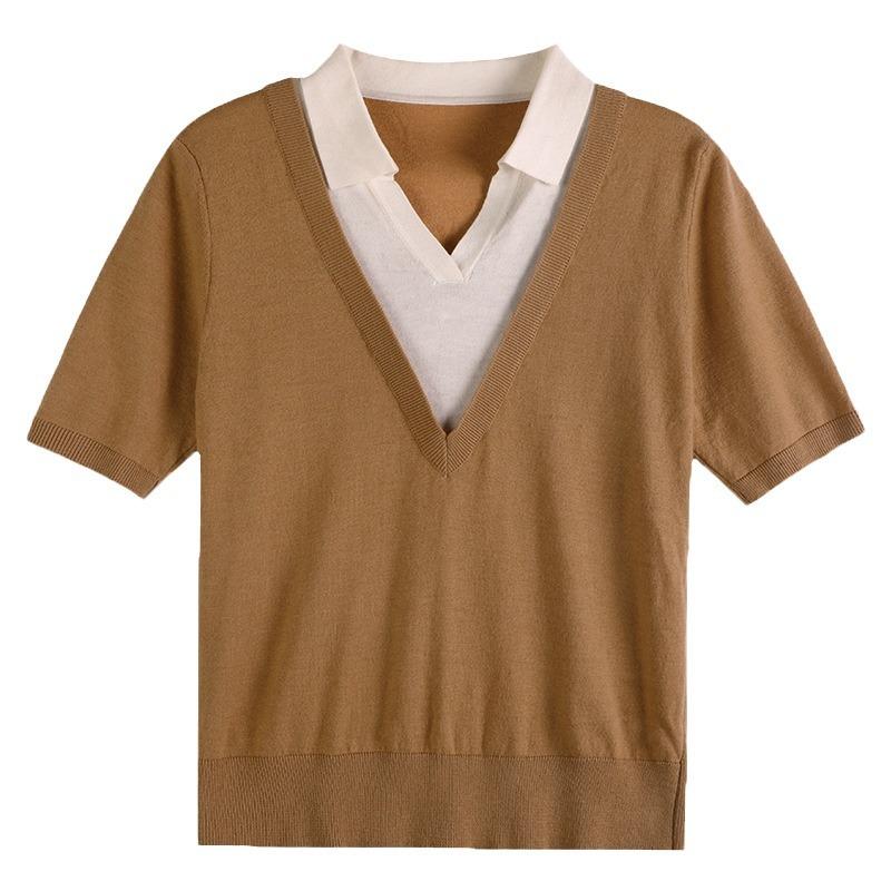 

POLO Neck Fake Two-piece Pure Cotton T-shirt for Women s Summer Contrast Pullover Knitted Sweater Cotton Linen V-neck Short-sleeved Top S