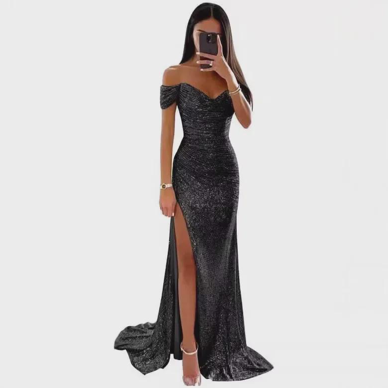 Vestido de noche sexy de poliéster con lentejuelas y abertura para mujer