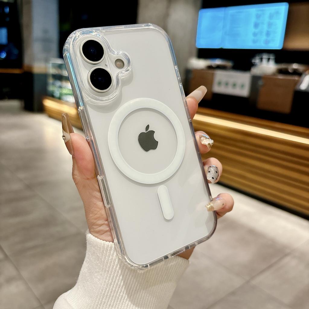 מארז טלפון מגנטי שקוף יוקרתי עבור MagSafe עבור iPhone 17 16 Plus Pro Max כיסוי טעינה אלחוטית עם כפתור מגע למצלמה