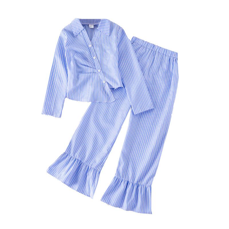 Girls' Set 2025 Autumn Children's Irregular Waist-cinched Long-sleeved Shirt Casual Striped Flared Pants