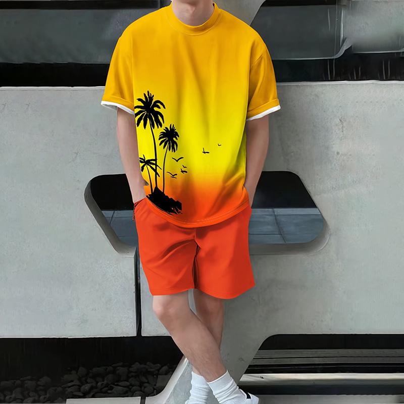 Stylish Men's Casual Suit Summer Breathable And Refreshing Suit Beach Style Printed 3D Coconut Oversized Men's Loose Top