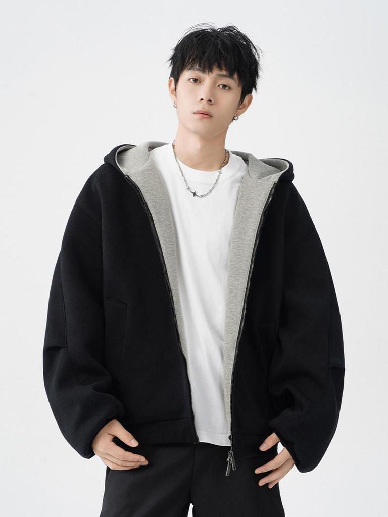 Men's Heavyweight Color Block Hoodie Jacket - Autumn/Winter Casual Thickened Double Zipper Cardigan