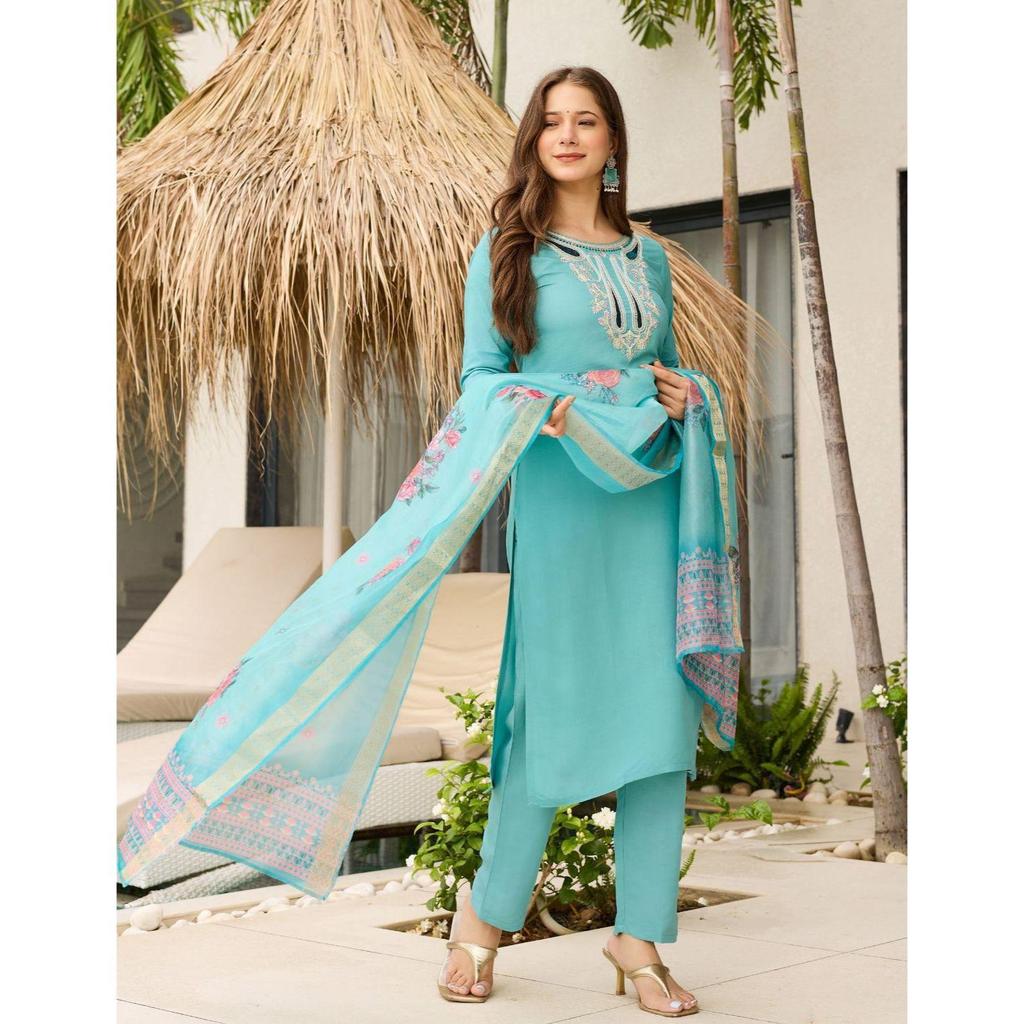 Women's Viscose Embroidered Straight Kurta with Pant And Dupatta Sets