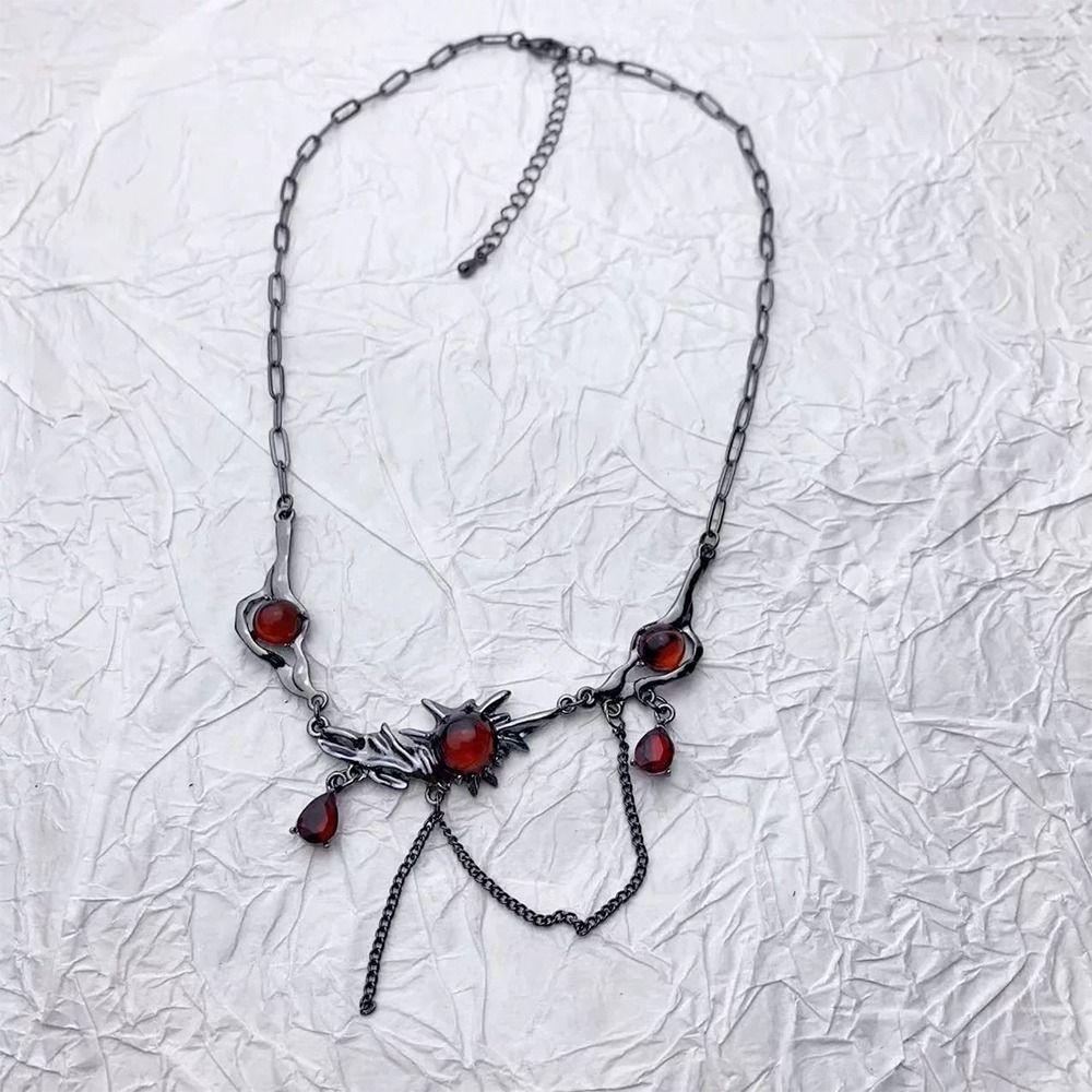 Punk Red Zircon Pendant Necklace Silver Black Collarbone Neck Chain Tassel Chain Choker  for Women