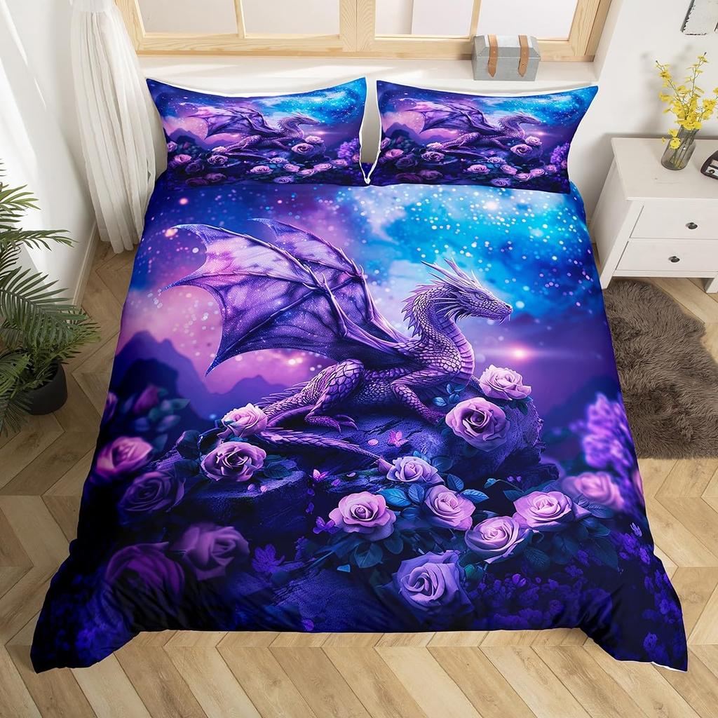 Galaxy Dragon Duvet Cover Sets For Kids Boys Girls Queen Lightweight Quilt Covers Starry Sky Jungle Animals Dragon Bedding Set