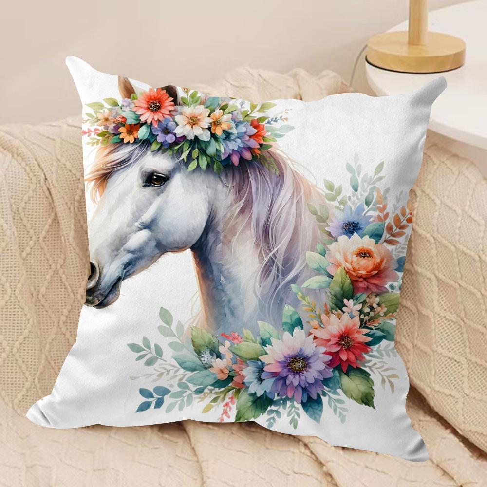 Watercolor Horse  Floral Cushion Cover Soft Plush Fabric DoubleSided Printed Cushion Covers for All Seasons Modern Home Decor