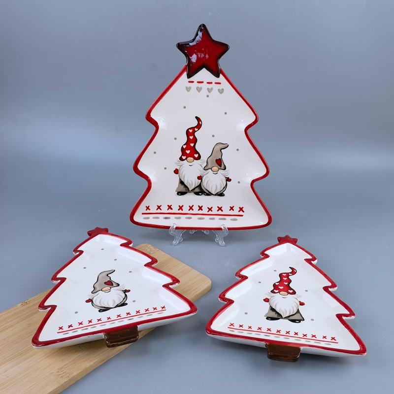 Three-Dimensional Hand-Painted Santa Claus Pine Tree Special-Shaped Ceramic Plate Breakfast Plate Dessert Dessert Plate Christmas Tableware