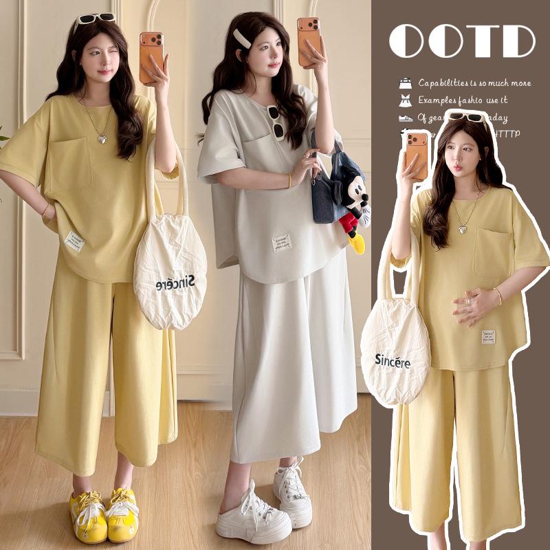 Summer 2026 Maternity Set: Loose Slimming Short Sleeve Top & Wide-Leg Pants L