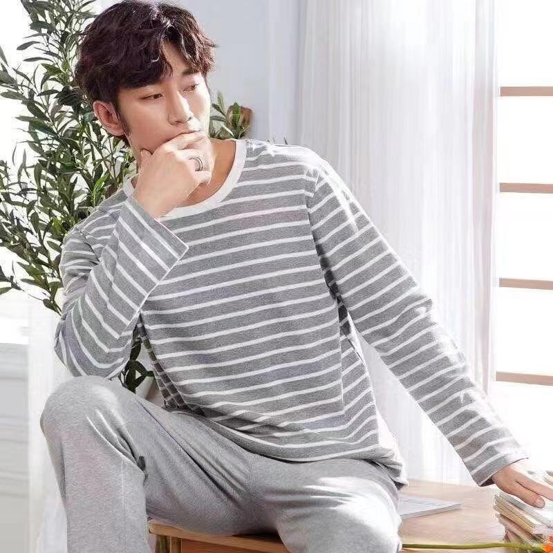 Summer Men's Sleepwear 2Pcs/Set Men Pajamas Set O-Neck Long Sleeve Striped Print Tops Elastic Waist Long Pants Set Home Lounge Wear Set