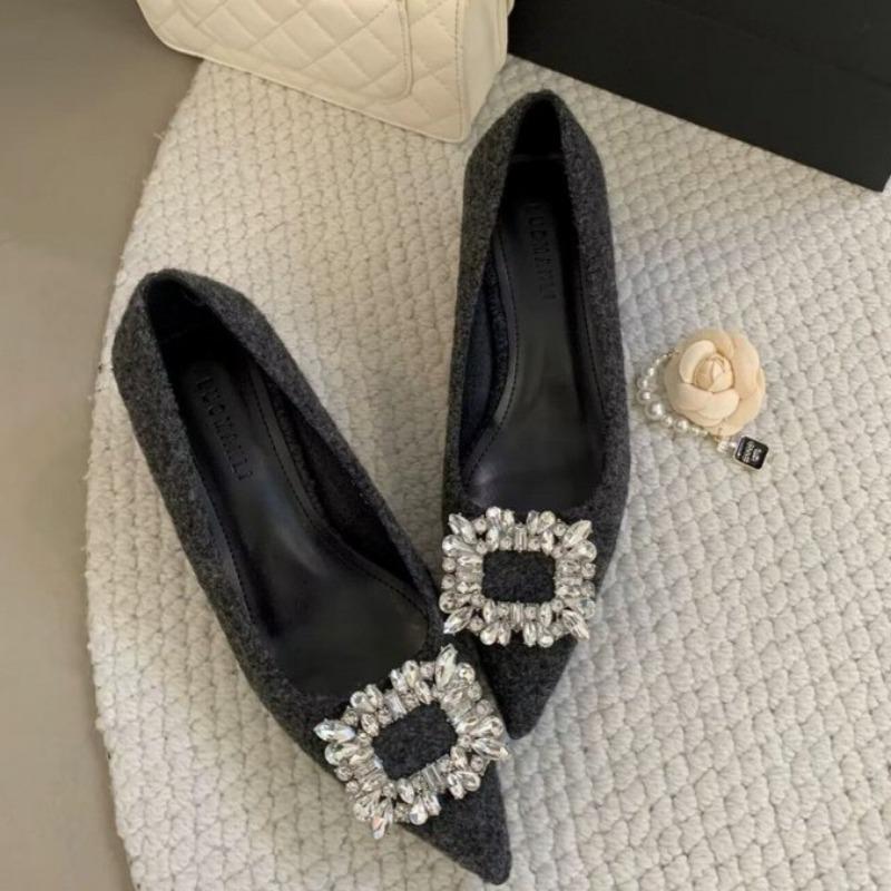 Fashion Women's Slim Heel Shoes Spring New Pointed Head Shallow Mouth Suede Glitter Buckle Anti-slip Wear-resistant Low-top Shoes