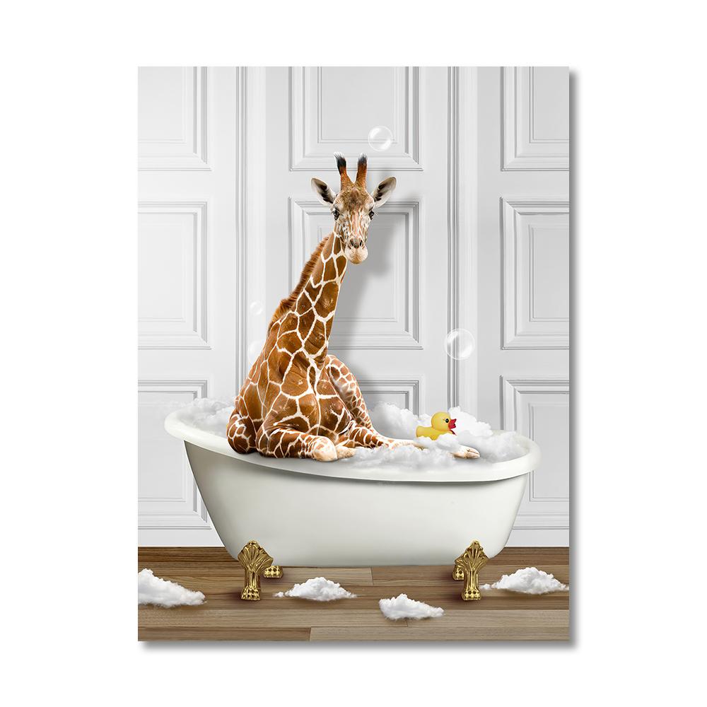 Animais Engraçados Arte de Parede Impressões de Pôster Girafa Banheira Pinguim Elefante Zebra Pintura em Tela Imagem para Quarto de Banho Quarto Decoração de Casa