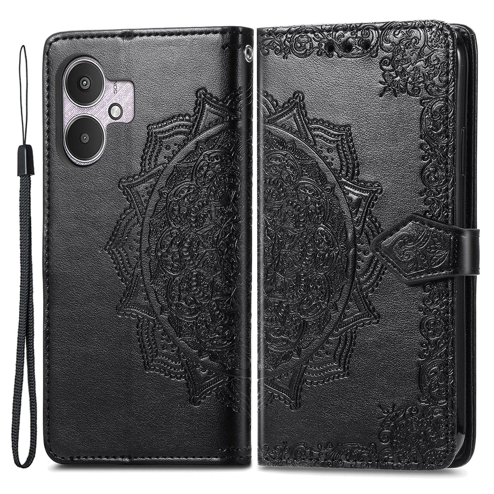 

For Xiaomi Redmi 13C 4G/13C 5G/13R 5G/Poco M6 5G/Poco C65 4G Phone Case Mandala Floral Imprinted Card Slots Leather Flip Cover Black