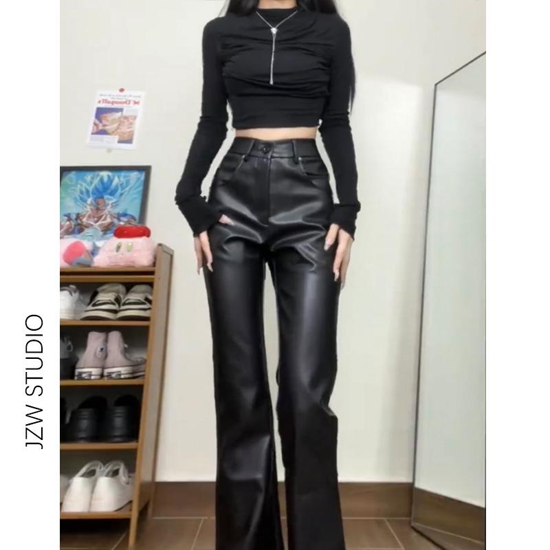 Women's High-Waisted Black PU Leather Micro-Flare Pants - Autumn Style Slimming Body-Shaping Straight Leg Floor-Length for Tall Figures
