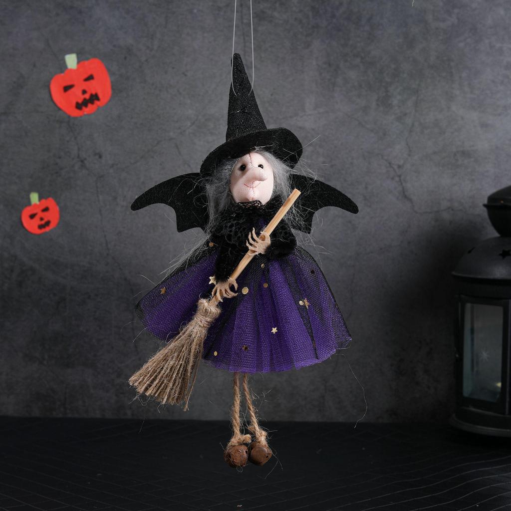 Halloween Ghost Witch Pendant with Broom and Gauze Skirt - Hanging Decoration Toy
