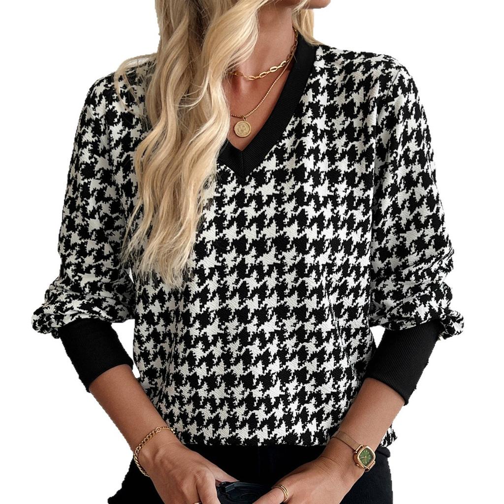 Spring Ladies Print Sweatshirt V Neck Long Sleeve T Shirt Top Women Fashion Daily Basic Office Lady Casual Slim Fit Ladies Elegant Long Sleeve Top