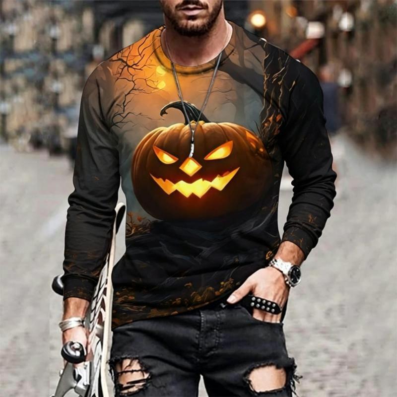 Men's Long Sleeve T-Shirt Grim Reaper Scarecrow Pumpkin Haunted Castle 3D Print Halloween Crew Neck Casual Tops