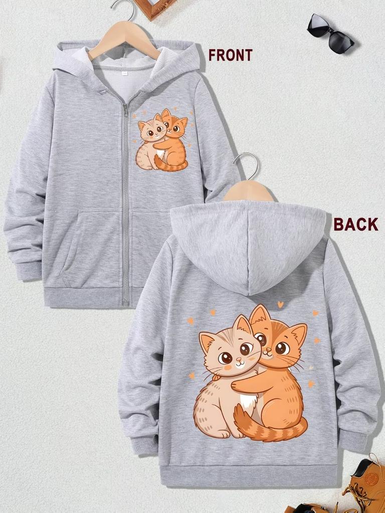 Sweatshirts Warm Cartoon Cat Kawaii Hoodie Casual Unisex Kids Boys Girls Zipper Jacket Winter Autumn Cute Cartoon Zip Up