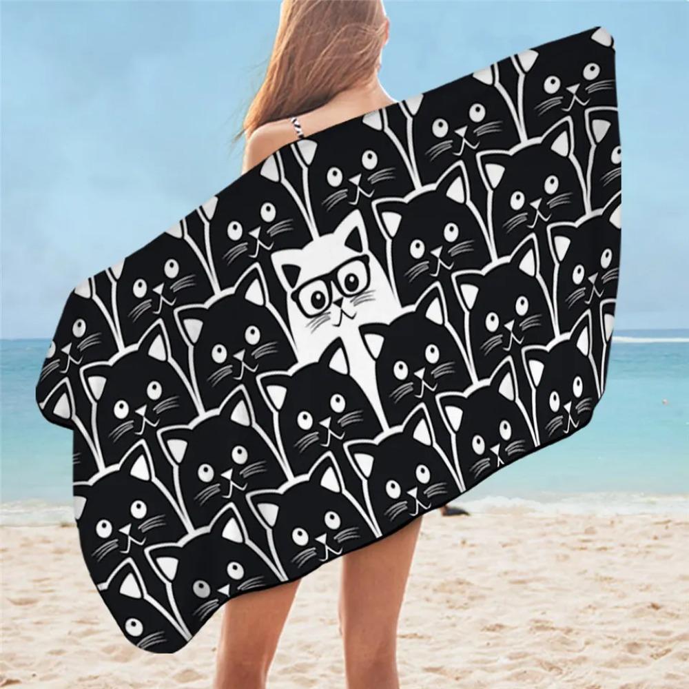 

BeddingOutlet Cartoon Cat Towel Bathroom for Kids Cute Animal Beach Towel Black White Microfiber Blanket Watercolor Pet Toalla W40*H60(CM)