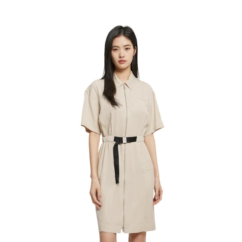 Calvin Klein Logo Woven Belted Zip Collar Short Sleeve Dress Women dresses Light-Khaki J221119-ACI